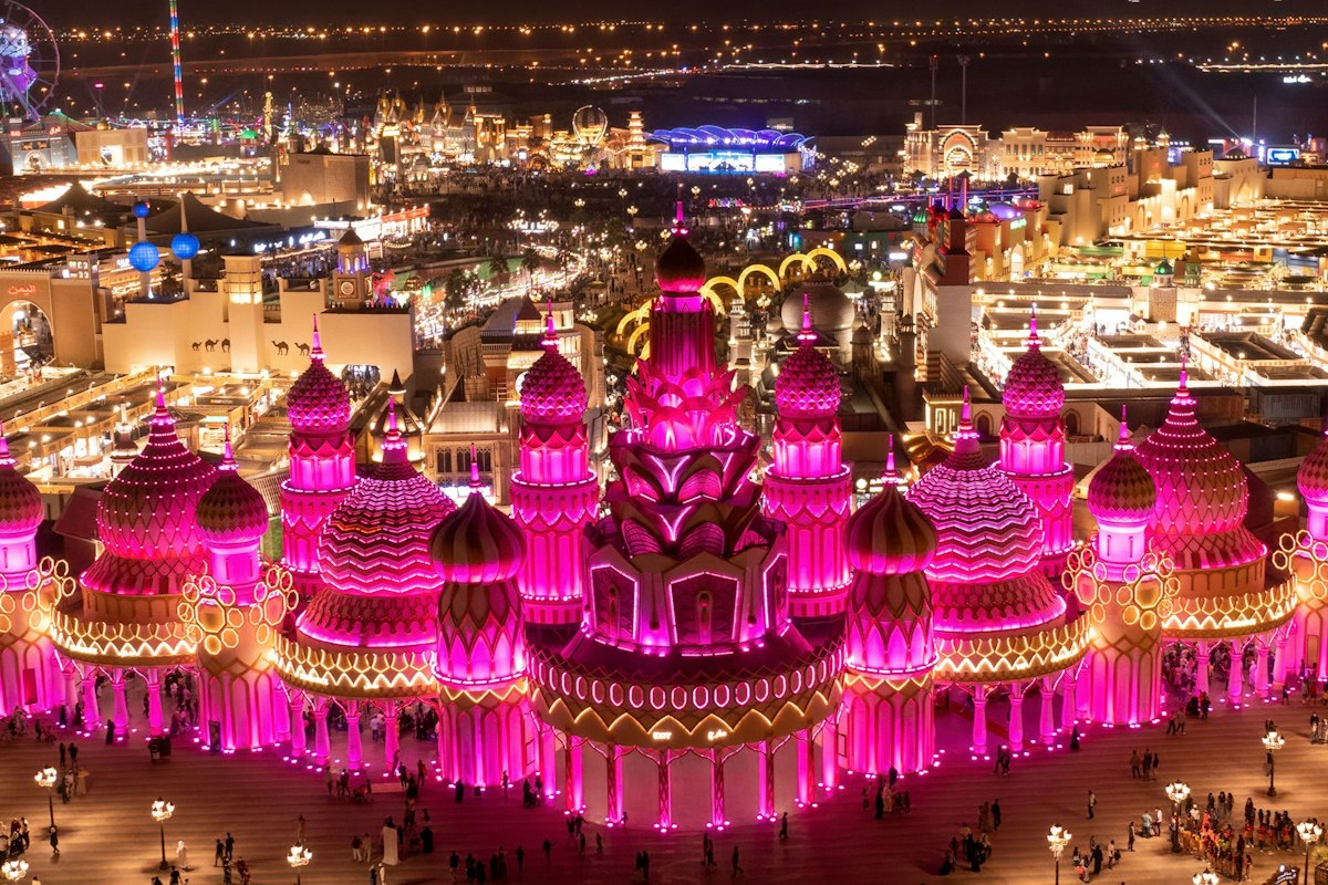 An aerial evening view of Global Village Dubai